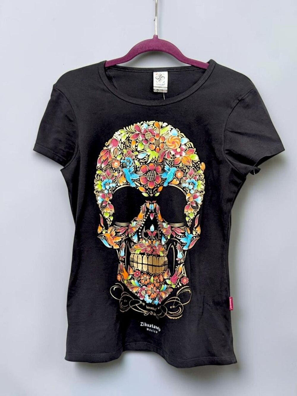 Karani Art floral hummingbirds skull floral fairy whimsy goth tee W's M New
